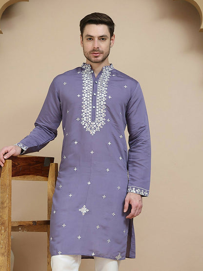 Purple & White Mirror Work Kurta for Men with Geometric Embroidery | indiaista