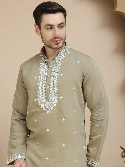 Brown & White Mirror Work Embroidered Kurta for Men | indiaista