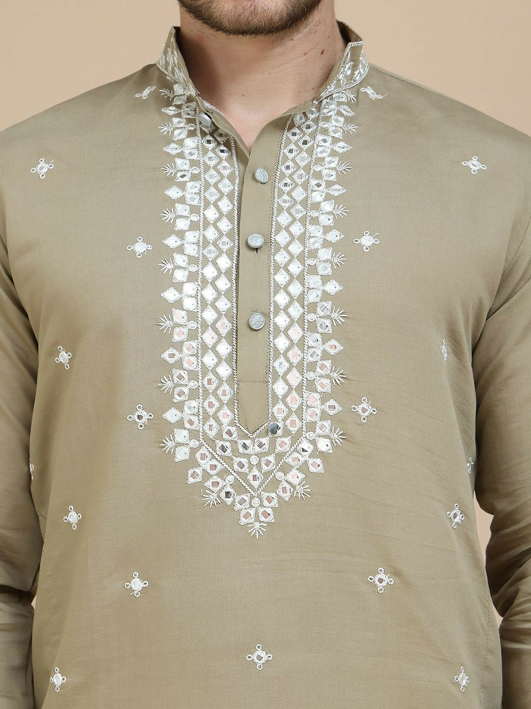 Brown & White Mirror Work Embroidered Kurta for Men | indiaista
