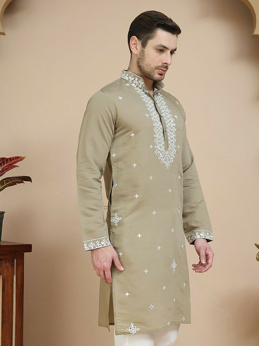 Brown & White Mirror Work Embroidered Kurta for Men | indiaista