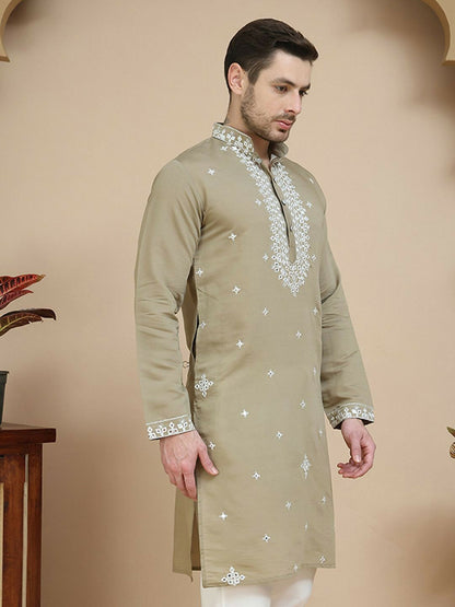 Brown & White Mirror Work Embroidered Kurta for Men | indiaista