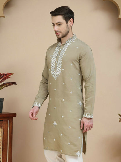Brown & White Mirror Work Embroidered Kurta for Men | indiaista