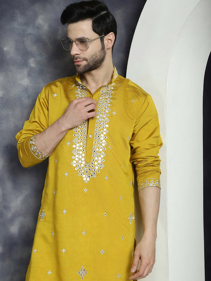 Mustard Yellow Geometric Mirror Work Kurta for Men | indiaista