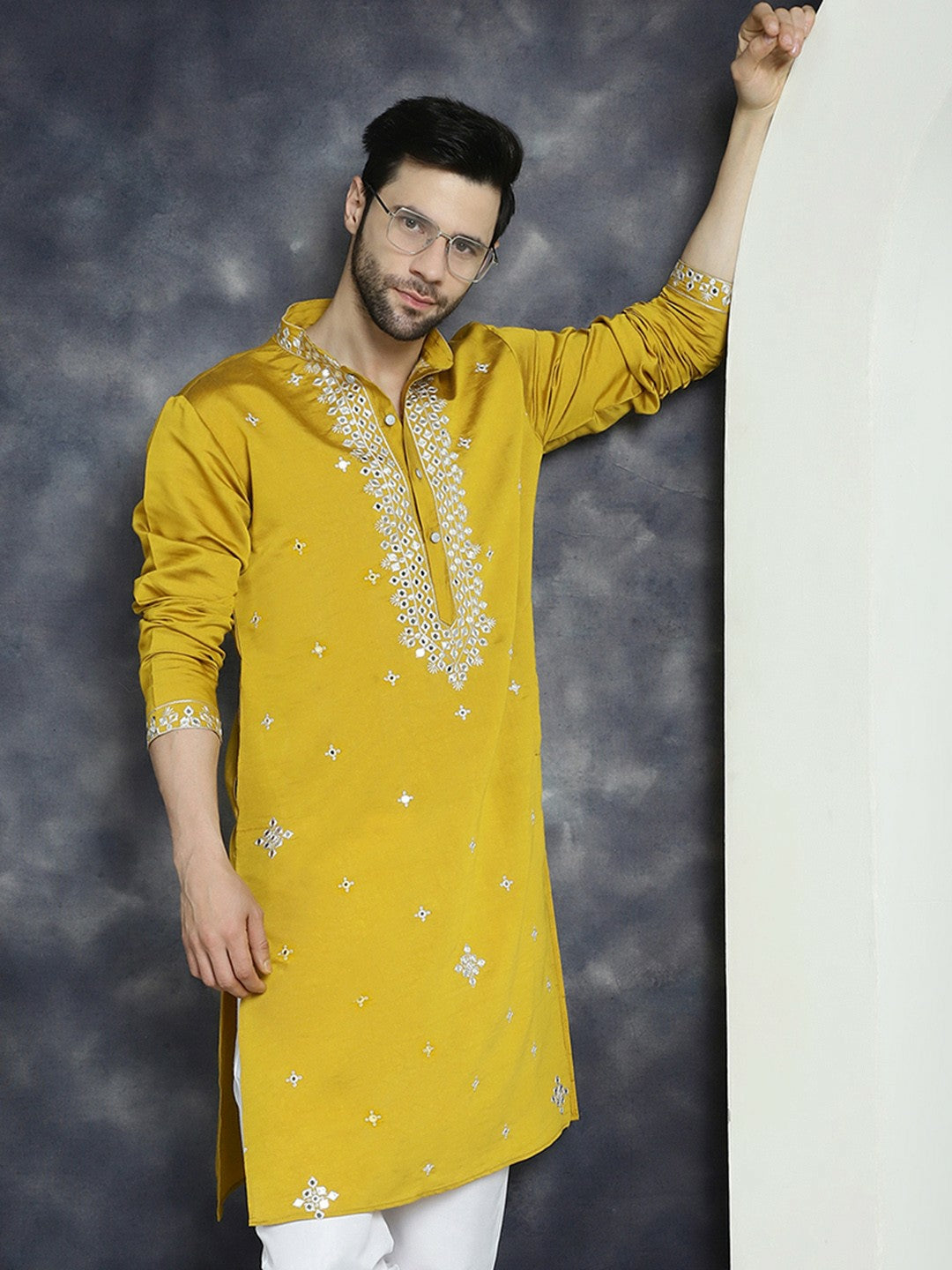 Mustard Yellow Geometric Mirror Work Kurta for Men | indiaista