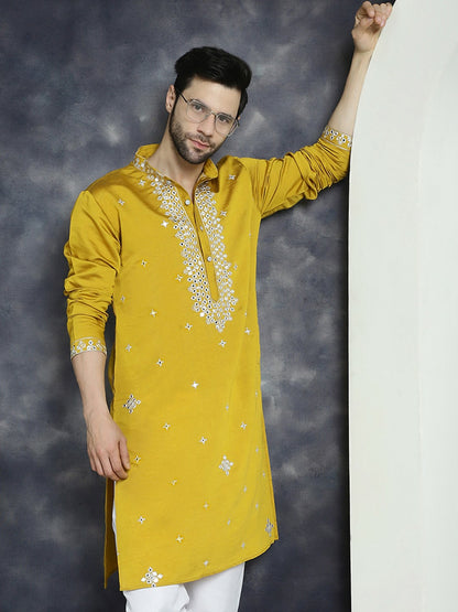 Mustard Yellow Geometric Mirror Work Kurta for Men | indiaista