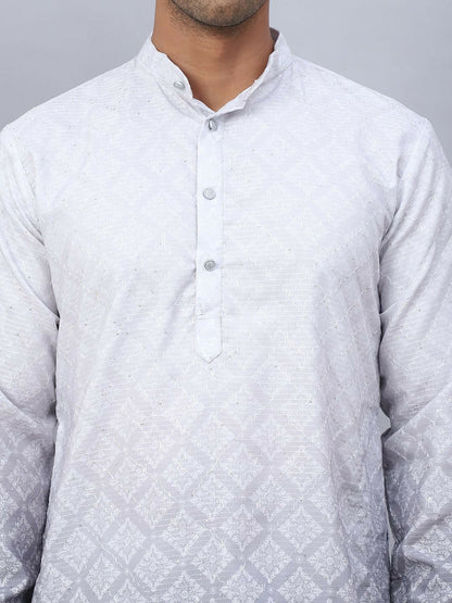 Men’s Grey-to-White Ombre Floral Kurta – Sequined Mandarin Collar