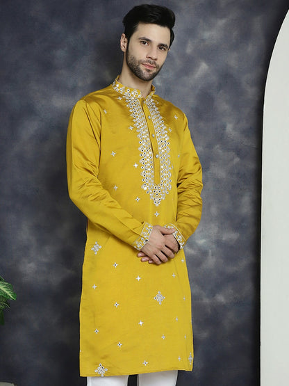 Mustard Yellow Geometric Mirror Work Kurta for Men | indiaista