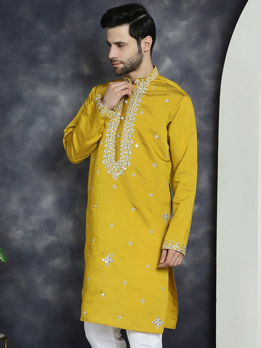 Mustard Yellow Geometric Mirror Work Kurta for Men | indiaista