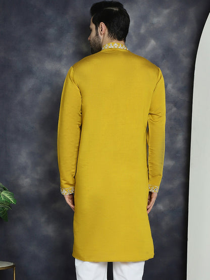 Mustard Yellow Geometric Mirror Work Kurta for Men | indiaista