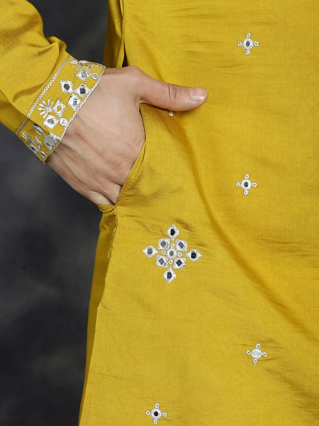 Mustard Yellow Geometric Mirror Work Kurta for Men | indiaista