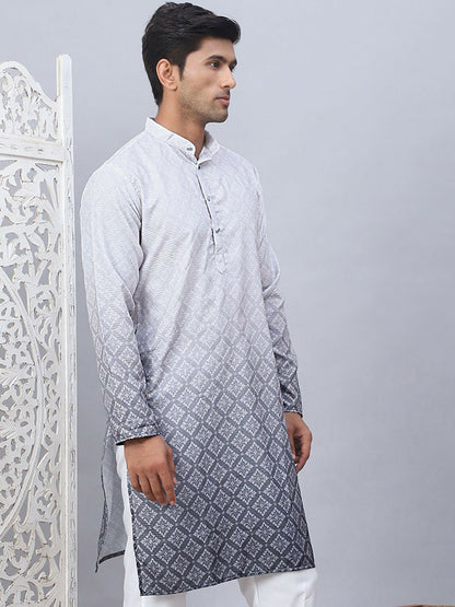 Men’s Grey-to-White Ombre Floral Kurta – Sequined Mandarin Collar