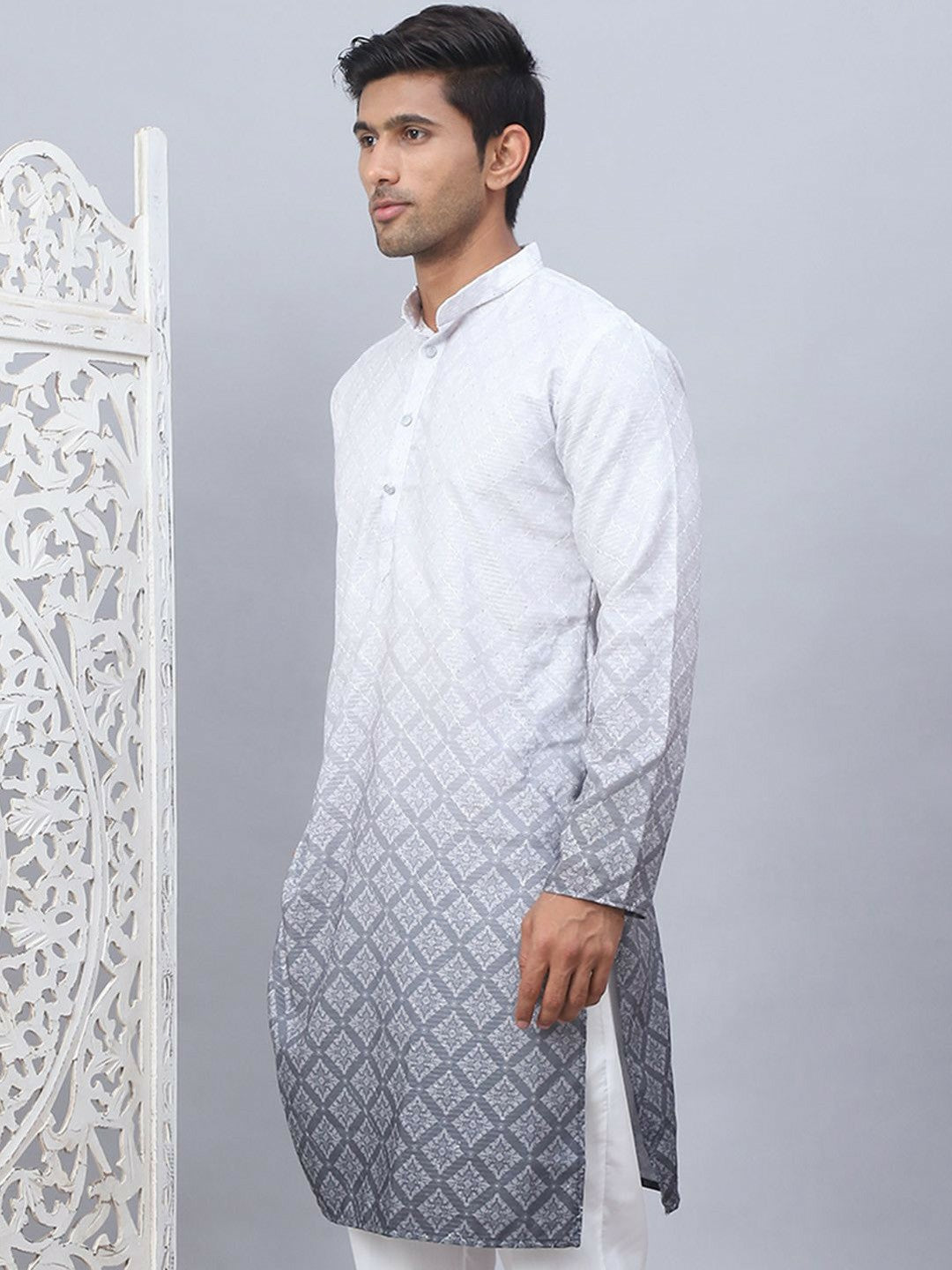 Men’s Grey-to-White Ombre Floral Kurta – Sequined Mandarin Collar