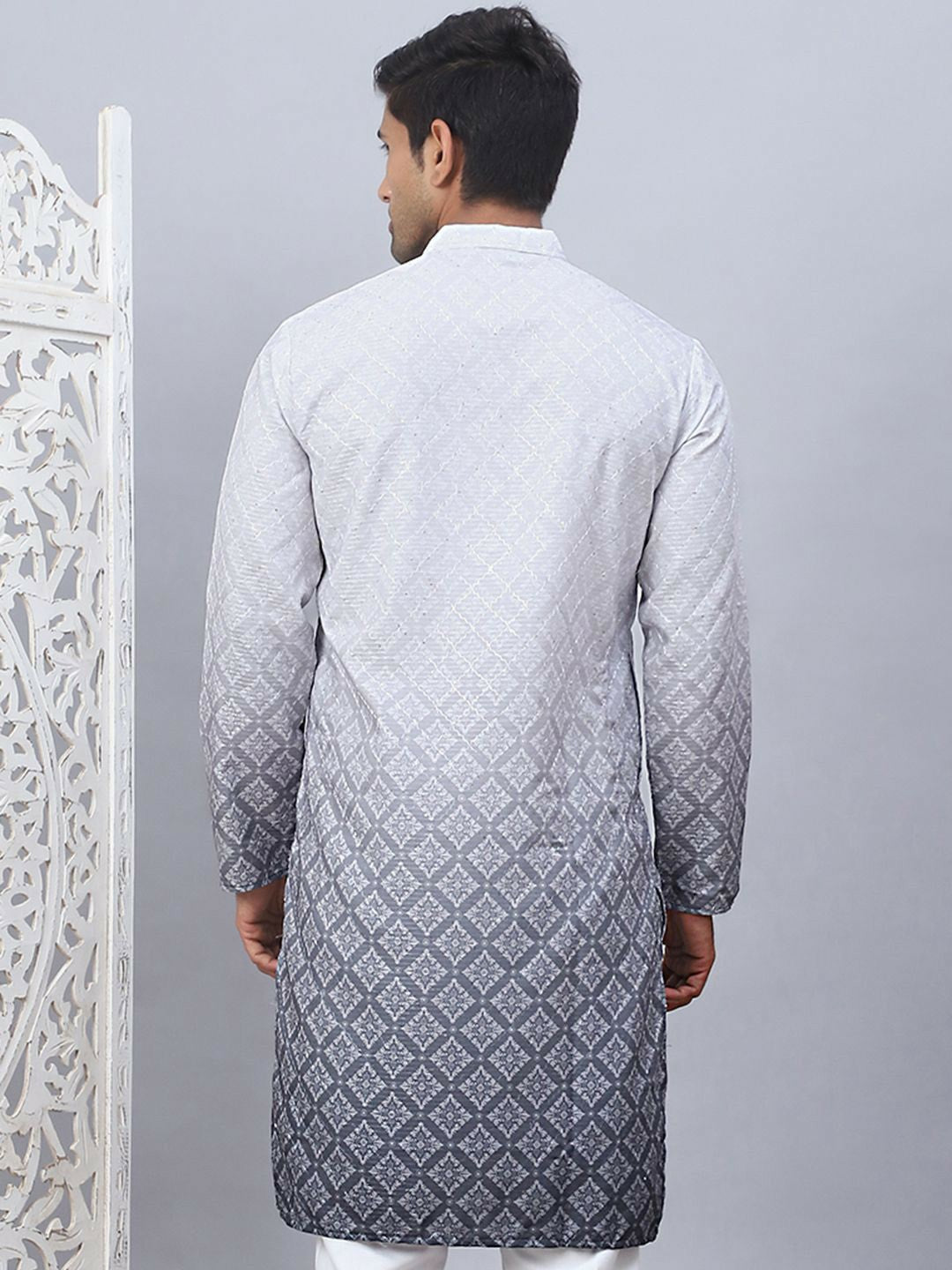 Men’s Grey-to-White Ombre Floral Kurta – Sequined Mandarin Collar