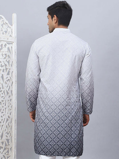 Men’s Grey-to-White Ombre Floral Kurta – Sequined Mandarin Collar