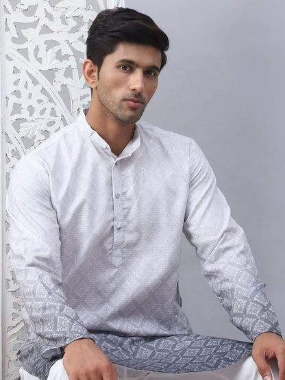 Men’s Grey-to-White Ombre Floral Kurta – Sequined Mandarin Collar