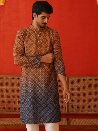 Men’s Brown Floral Print Kurta – Sequinned & Mandarin Collar