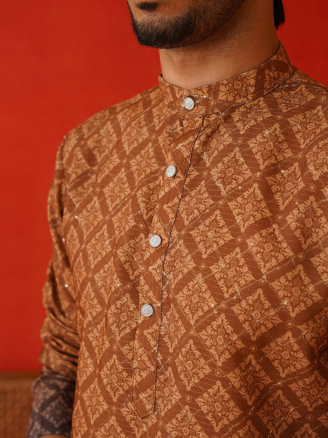 Men’s Brown Floral Print Kurta – Sequinned & Mandarin Collar