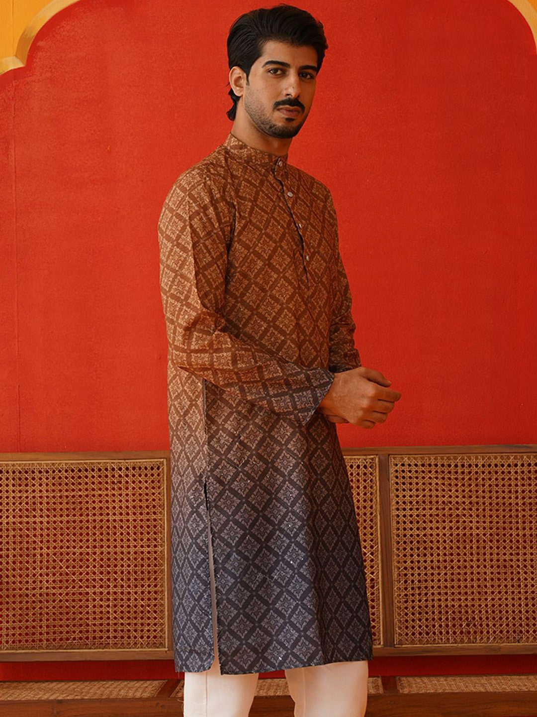Men’s Brown Floral Print Kurta – Sequinned & Mandarin Collar