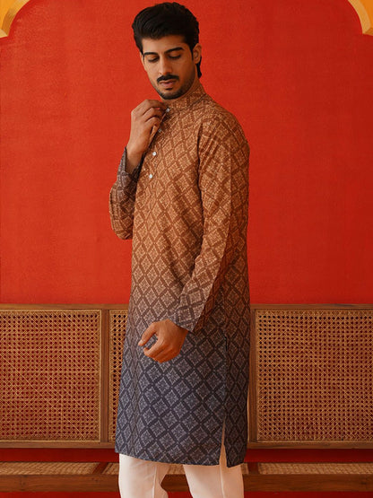 Men’s Brown Floral Print Kurta – Sequinned & Mandarin Collar