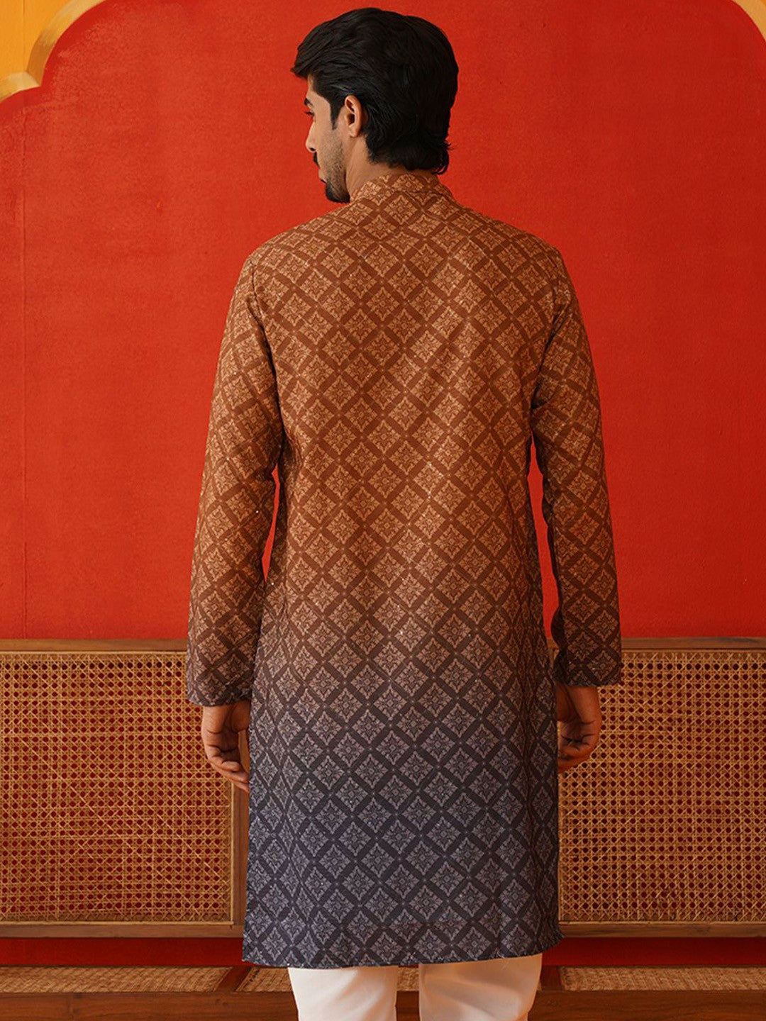 Men’s Brown Floral Print Kurta – Sequinned & Mandarin Collar