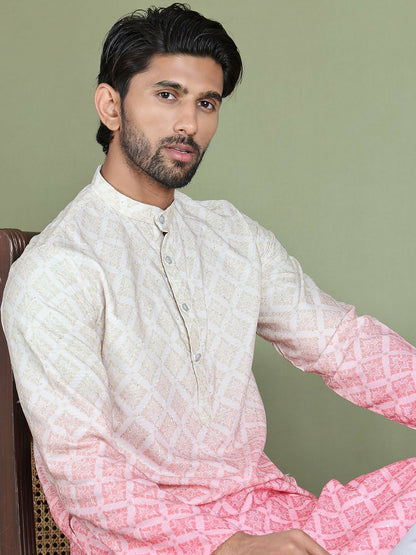 Men’s Peach Ethnic Motif Kurta – Sequinned with Mandarin Collar