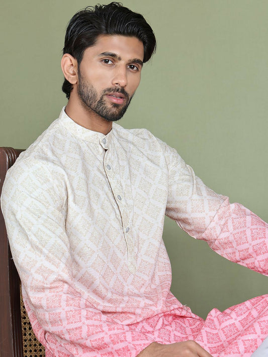 Men’s Peach Ethnic Motif Kurta – Sequinned with Mandarin Collar