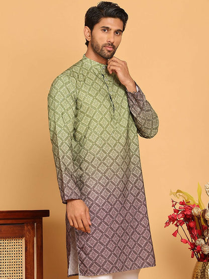 Men’s Olive Green Floral Print Kurta – Sequinned with Mandarin Collar