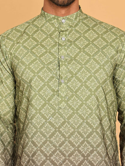 Men’s Olive Green Floral Print Kurta – Sequinned with Mandarin Collar