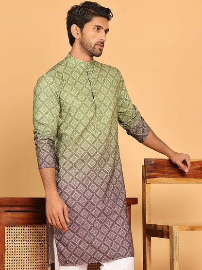 Men’s Olive Green Floral Print Kurta – Sequinned with Mandarin Collar