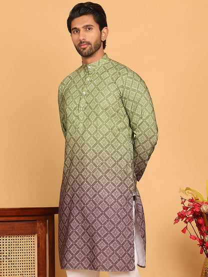 Men’s Olive Green Floral Print Kurta – Sequinned with Mandarin Collar