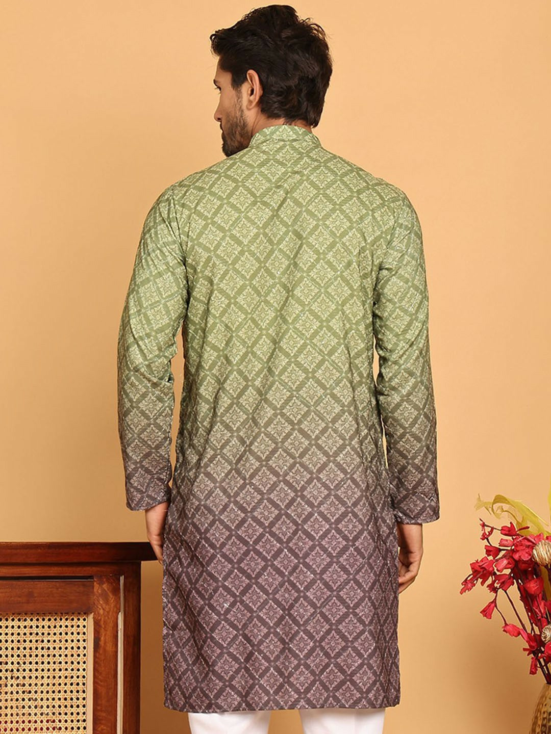 Men’s Olive Green Floral Print Kurta – Sequinned with Mandarin Collar