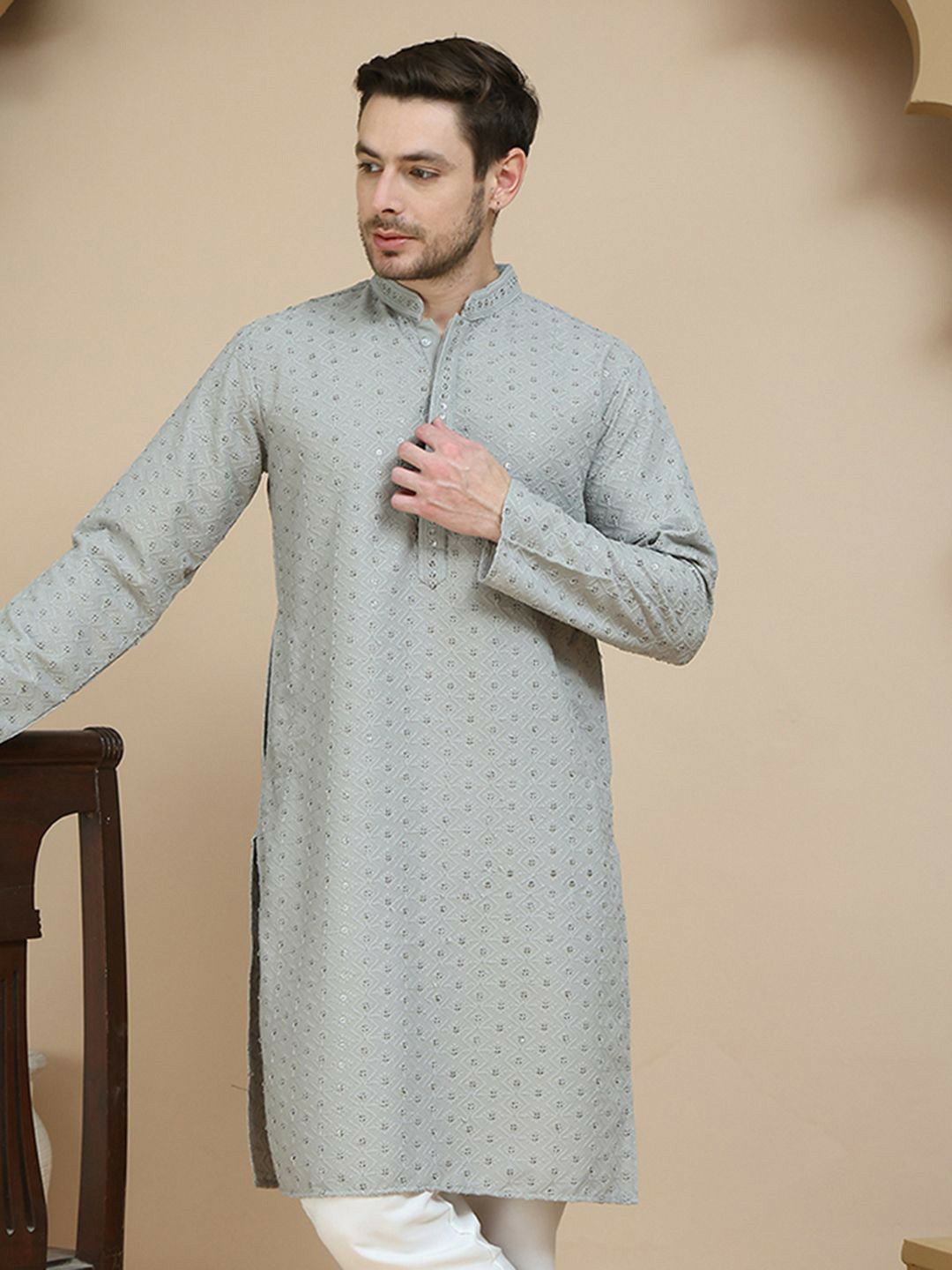 Men’s Grey Geometric Embroidered Kurta – Sequinned with Mandarin Collar