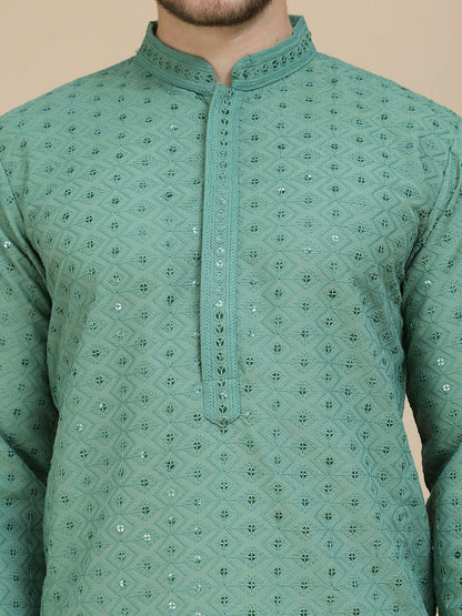 Men’s Green Geometric Embroidered Kurta – Sequinned with Mandarin Collar