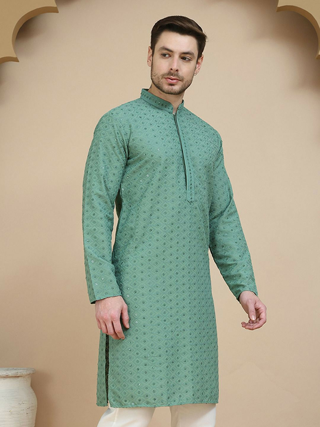 Men’s Green Geometric Embroidered Kurta – Sequinned with Mandarin Collar