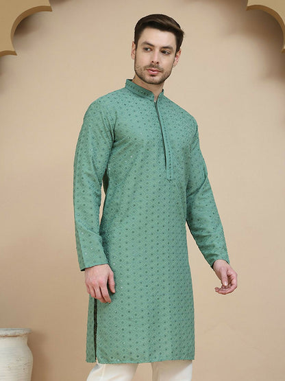 Men’s Green Geometric Embroidered Kurta – Sequinned with Mandarin Collar