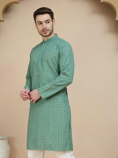 Men’s Green Geometric Embroidered Kurta – Sequinned with Mandarin Collar