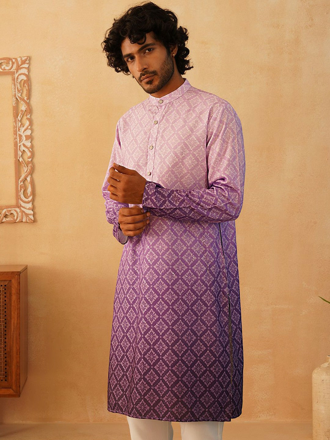 Men’s Purple Printed Band-Collar Cotton Kurta – Ethnic Chic