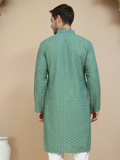 Men’s Green Geometric Embroidered Kurta – Sequinned with Mandarin Collar