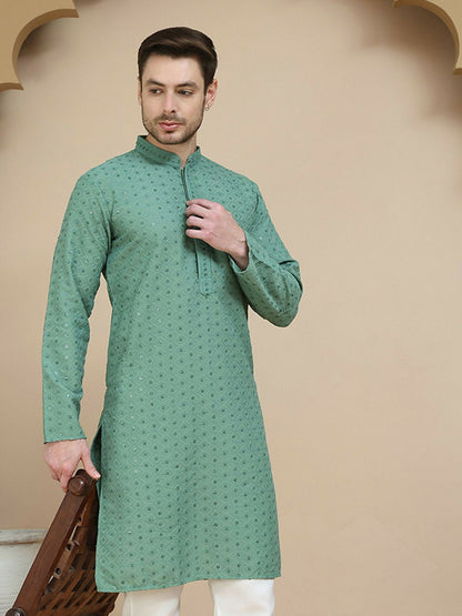 Men’s Green Geometric Embroidered Kurta – Sequinned with Mandarin Collar