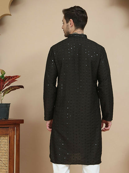 Men’s Black Geometric Embroidered Kurta – Sequinned with Mandarin Collar