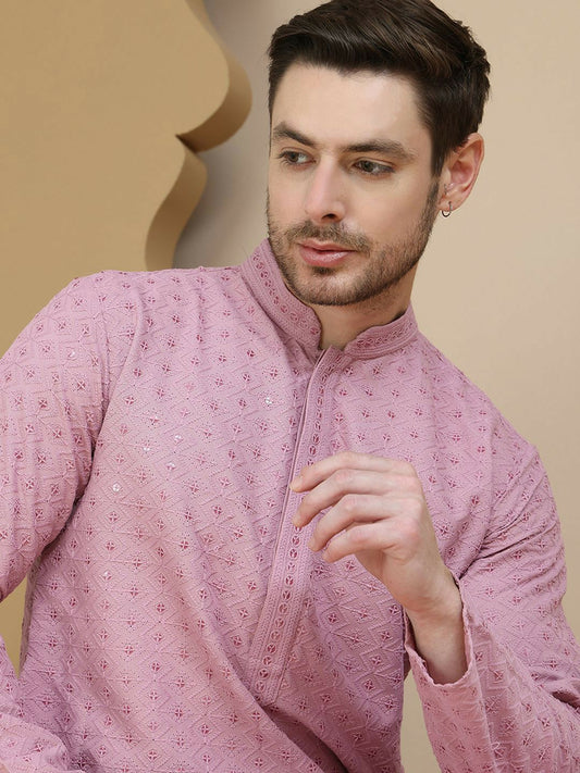 Men’s Magenta Geometric Embroidered Kurta – Sequinned with Mandarin Collar