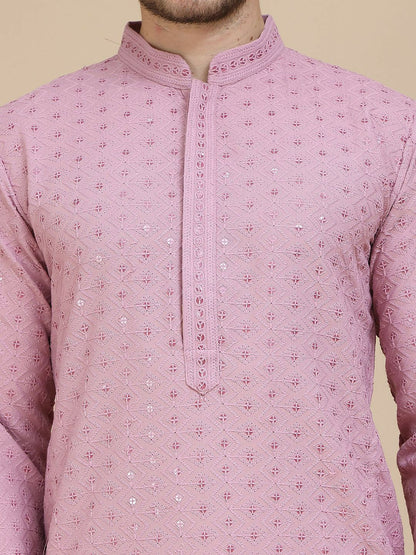 Men’s Magenta Geometric Embroidered Kurta – Sequinned with Mandarin Collar