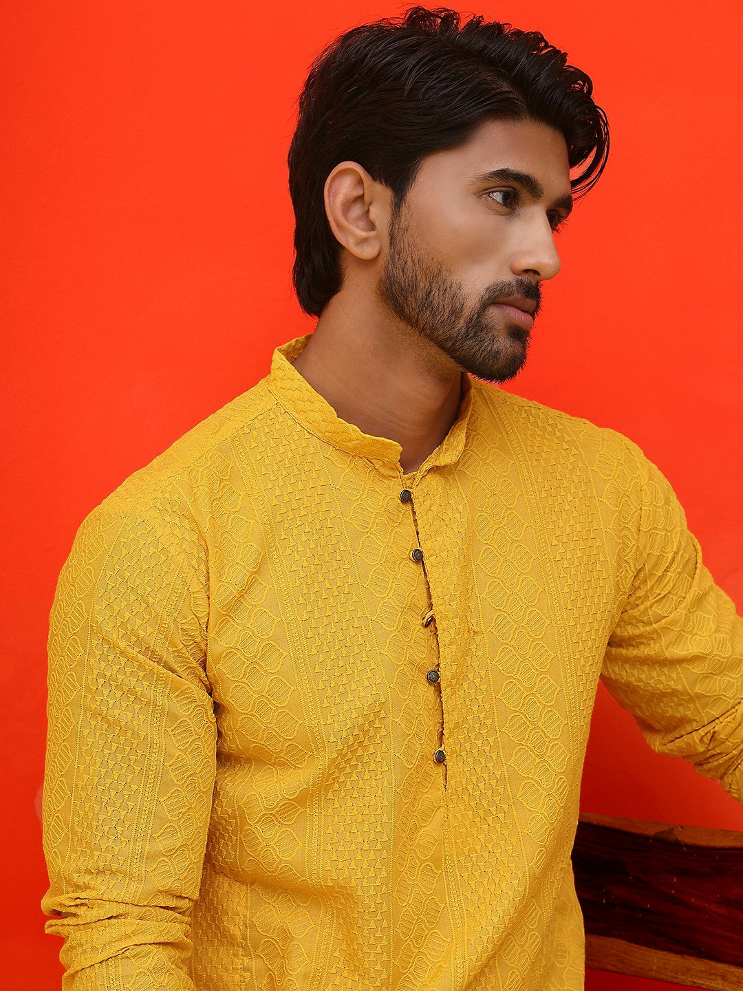Men’s Mustard Yellow Geometric Chikankari Kurta – Pure Cotton, Mandarin Collar