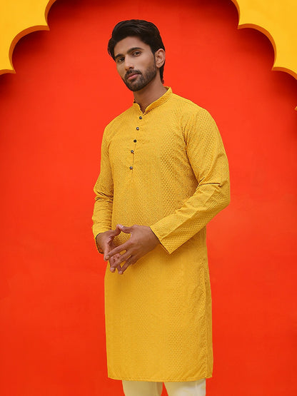 Men’s Mustard Yellow Geometric Chikankari Kurta – Pure Cotton, Mandarin Collar