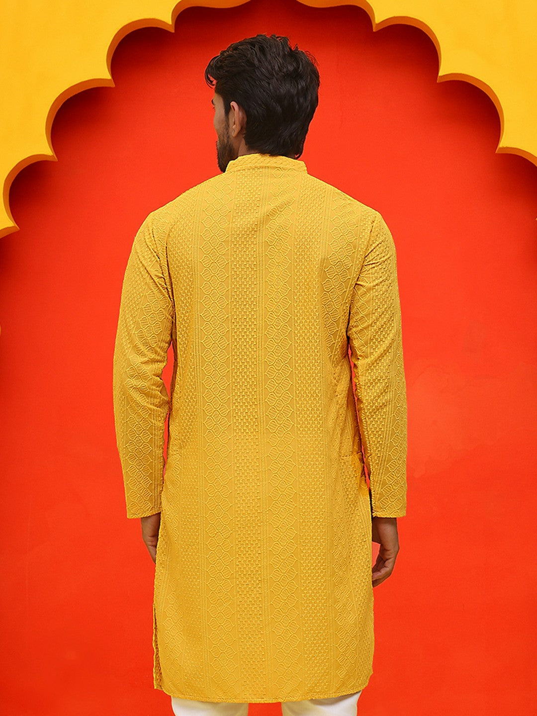 Men’s Mustard Yellow Geometric Chikankari Kurta – Pure Cotton, Mandarin Collar
