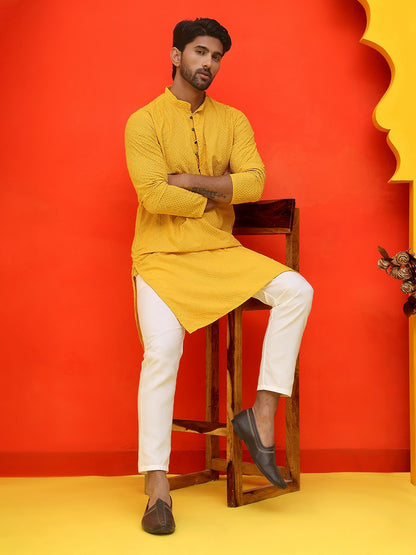 Men’s Mustard Yellow Geometric Chikankari Kurta – Pure Cotton, Mandarin Collar