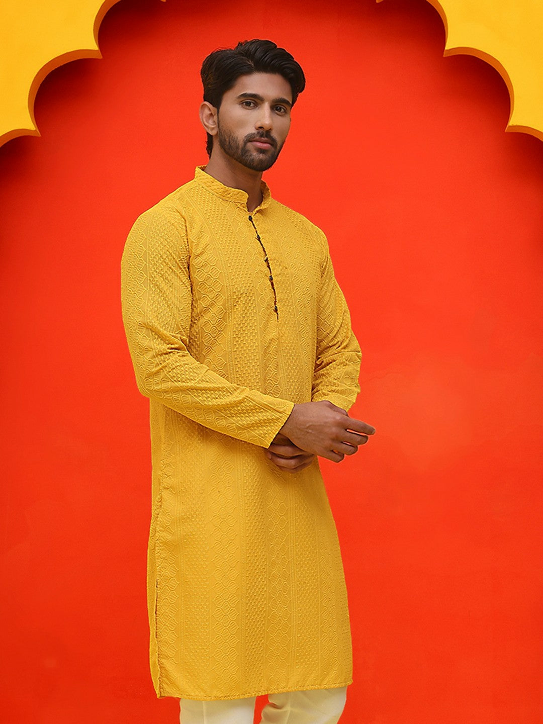 Men’s Mustard Yellow Geometric Chikankari Kurta – Pure Cotton, Mandarin Collar