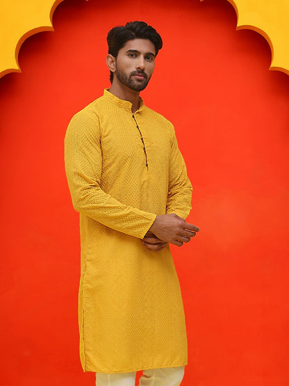 Men’s Mustard Yellow Geometric Chikankari Kurta – Pure Cotton, Mandarin Collar