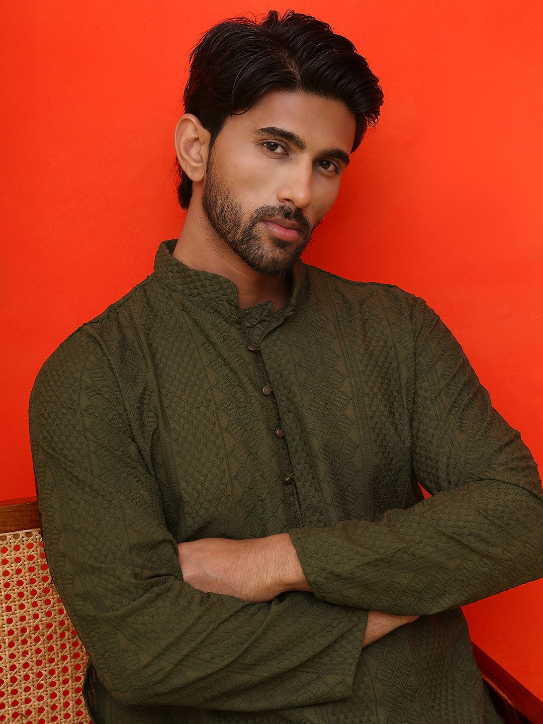 Men’s Olive Green Chikankari Kurta – Geometric Embroidery, Pure Cotton