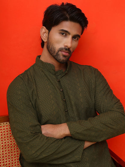 Men’s Olive Green Chikankari Kurta – Geometric Embroidery, Pure Cotton